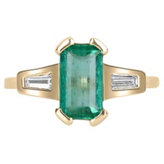 2.15tcw 14K Colombian Emerald, Emerald Cut and Tapered Baguette Diamond Ring