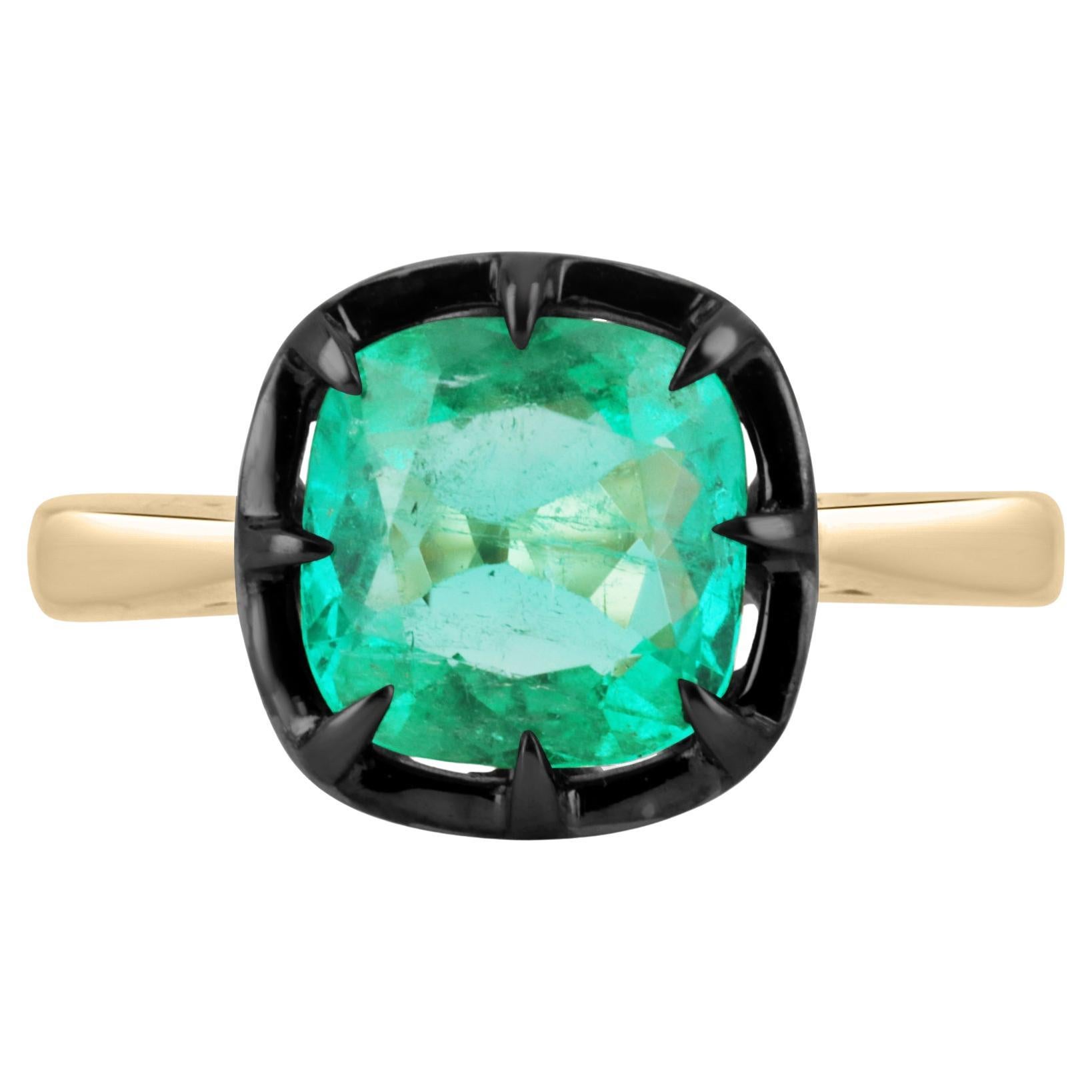 3.0ct 14K Colombian Emerald-Cushion Cut Solitaire Gold Ring Black Rhodium Halo