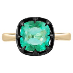 3.0ct 14K Colombian Emerald-Cushion Cut Solitaire Gold Ring Black Rhodium Halo