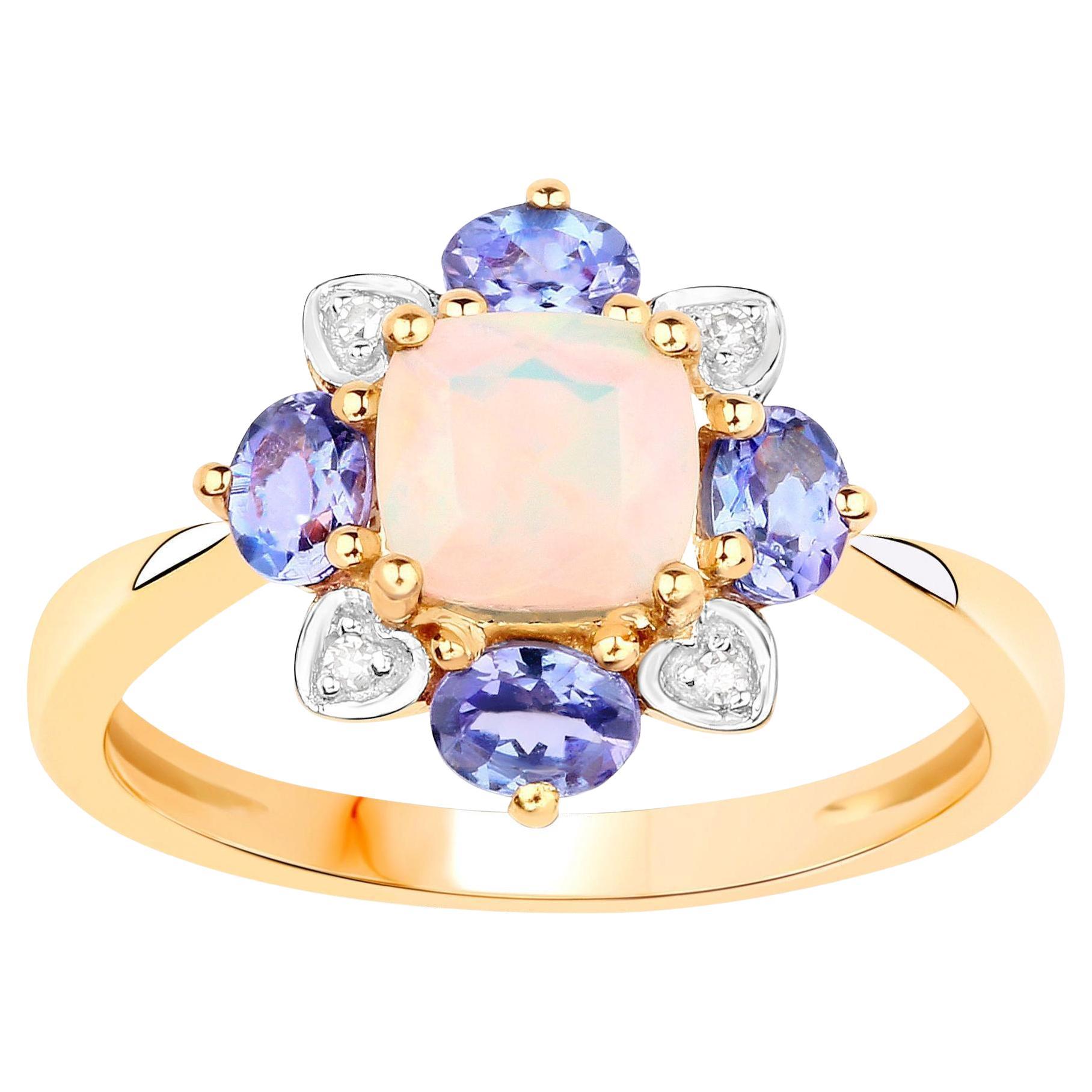 Ethiopian Opal Ring With Tanzanites and Diamonds 1.20 Carats 10K Yellow Gold For Sale