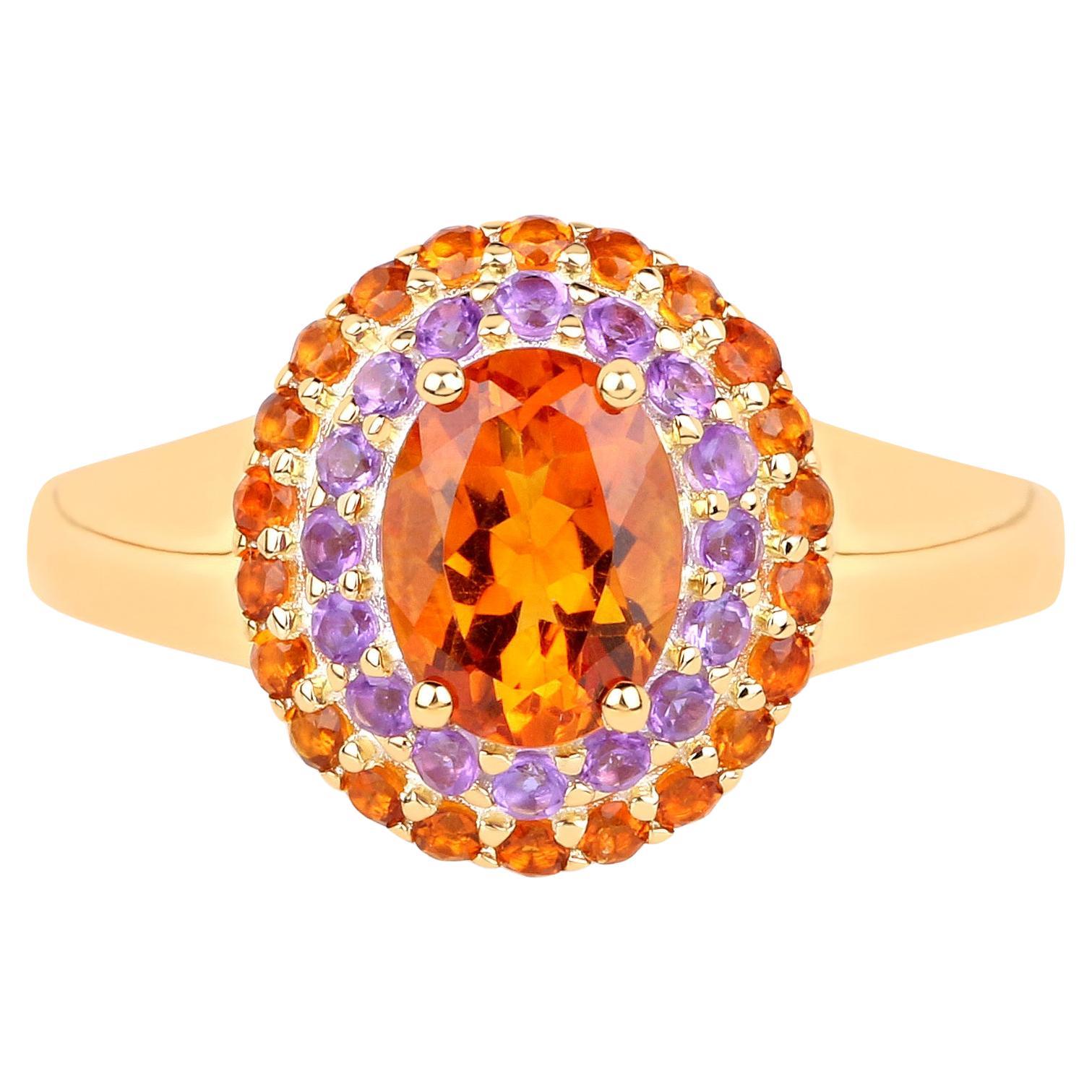 Natural Citrine Cocktail Ring Amethyst Halo 14K Gold Plated Silver