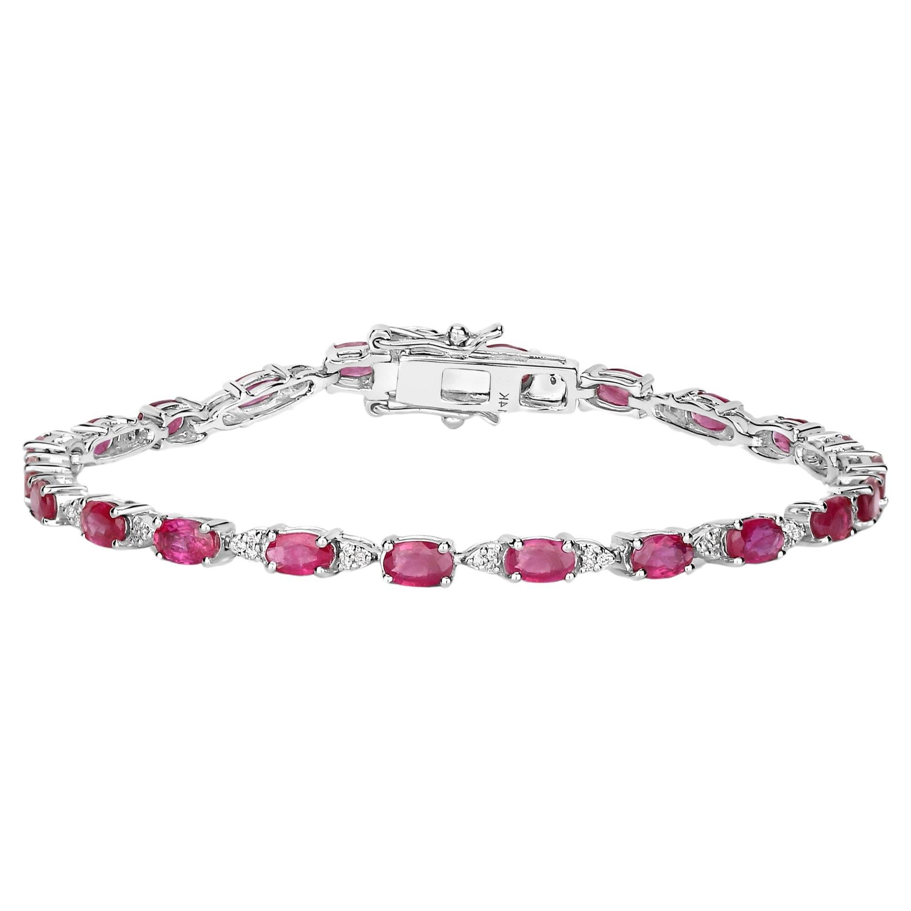 Bracelet tennis en or blanc 14 carats avec rubis naturel et diamants de 6,15 carats au total