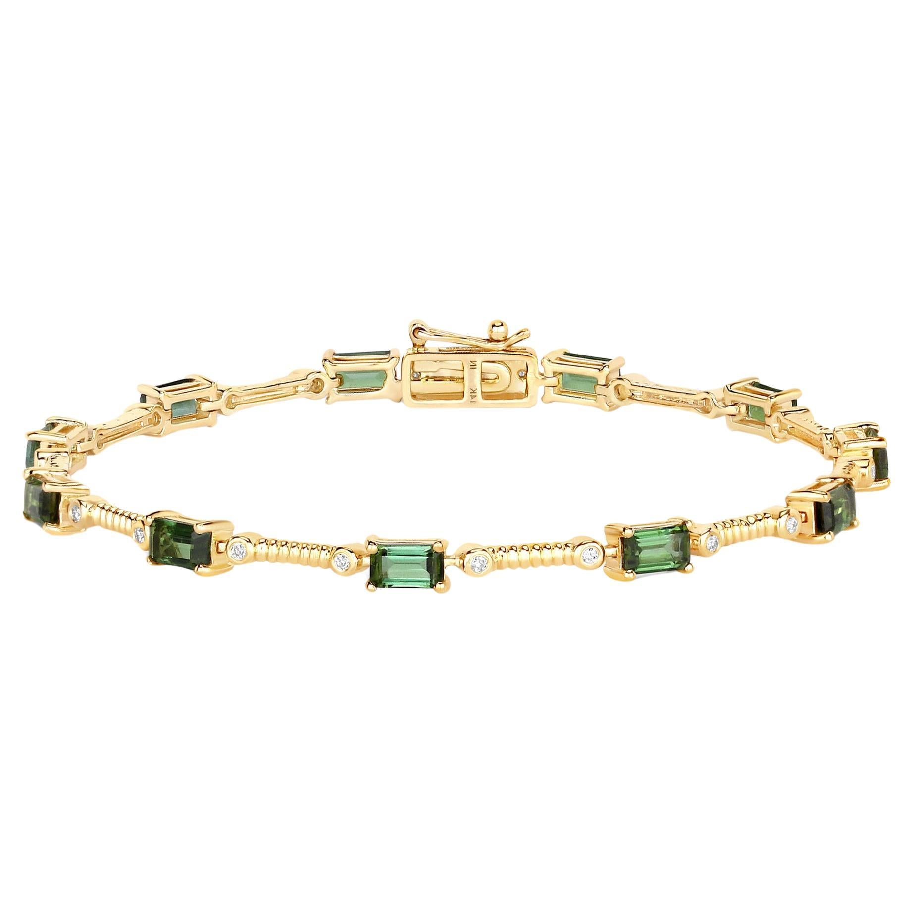 Natural Green Tourmaline and Diamond Link Bracelet 3.25 Carats 14k Yellow Gold For Sale
