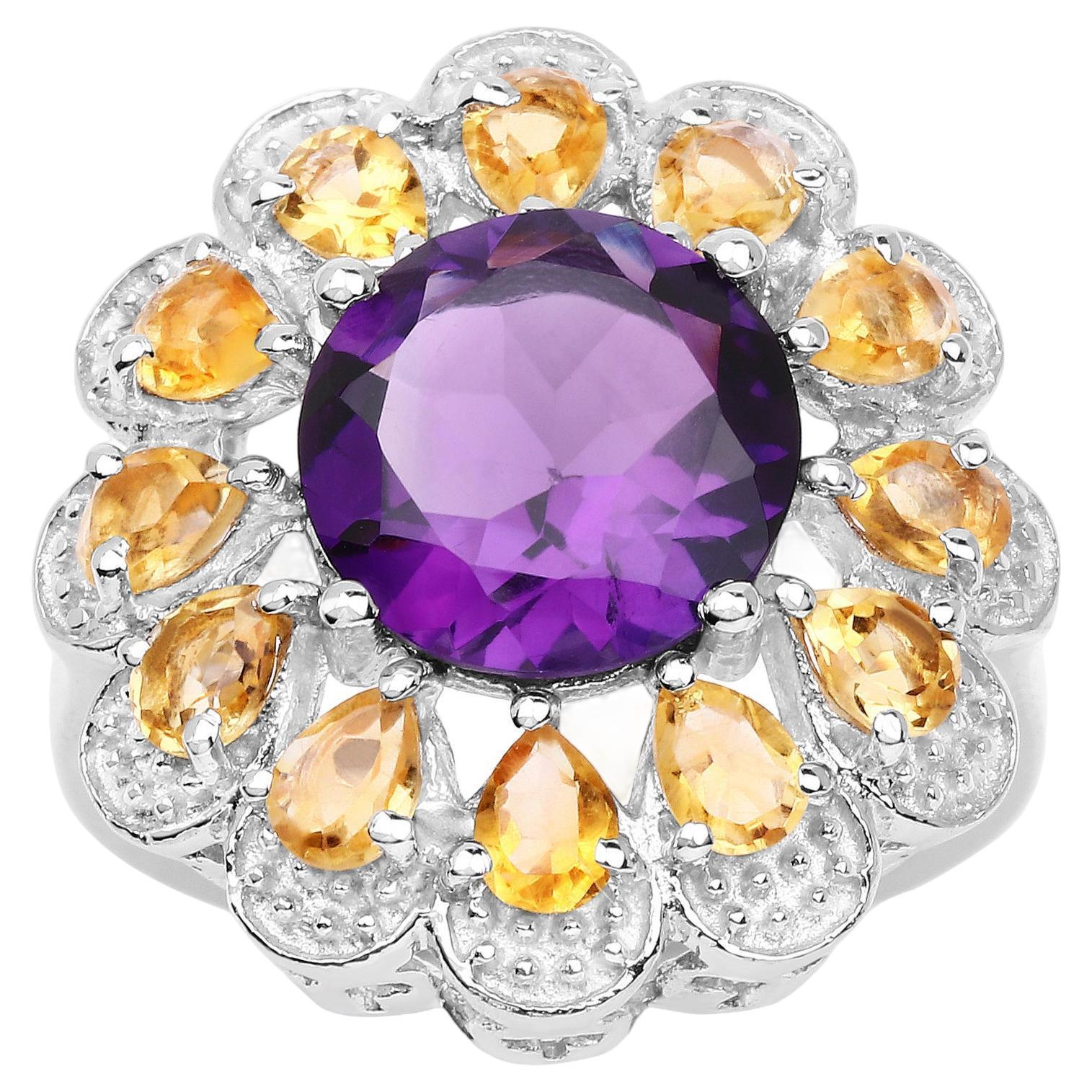 Flower 5.40 Carat Amethyst and Citrine Sterling Silver Cocktail Ring For Sale