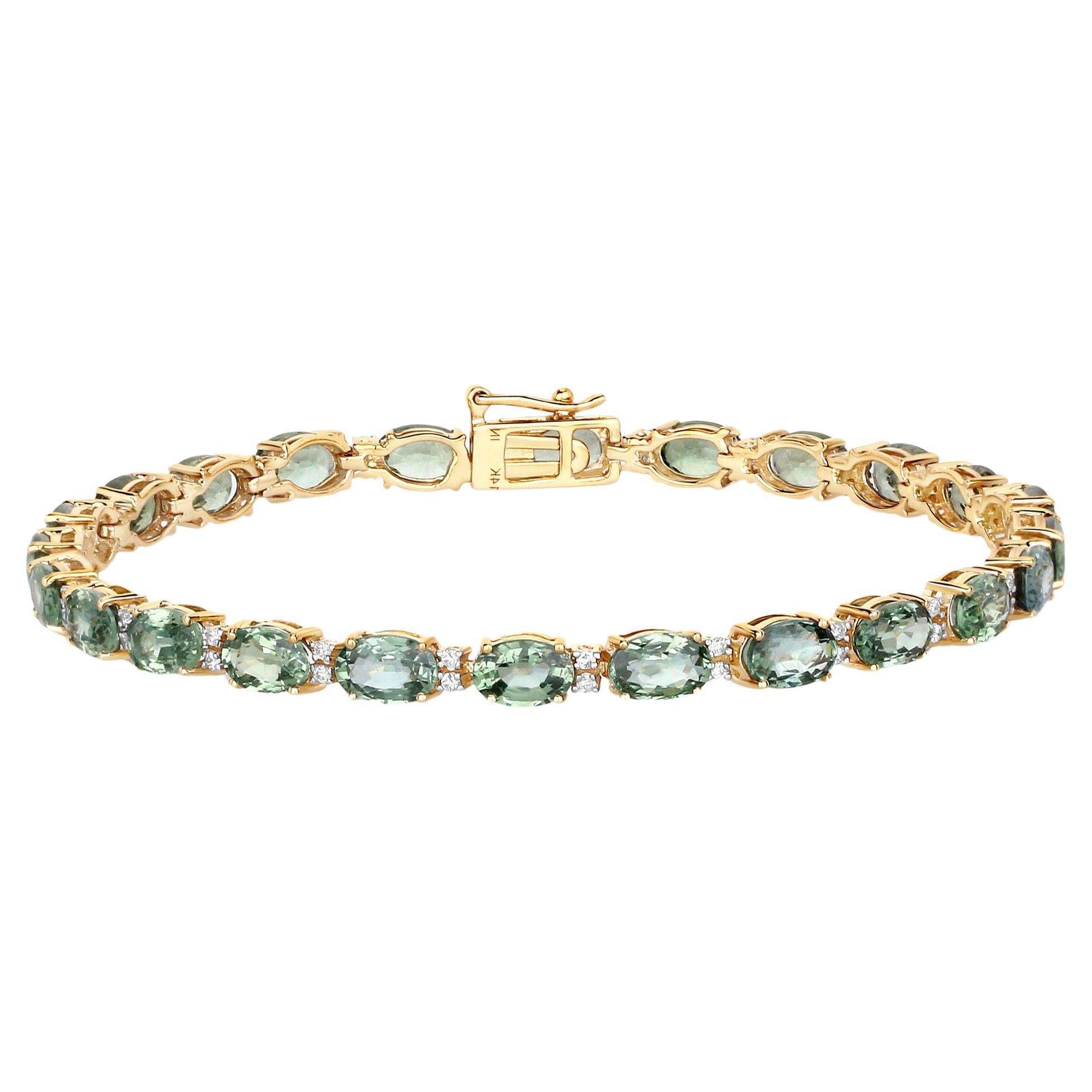 Bracelet tennis en or jaune 14 carats avec saphir vert naturel et diamants de 12,80 carats