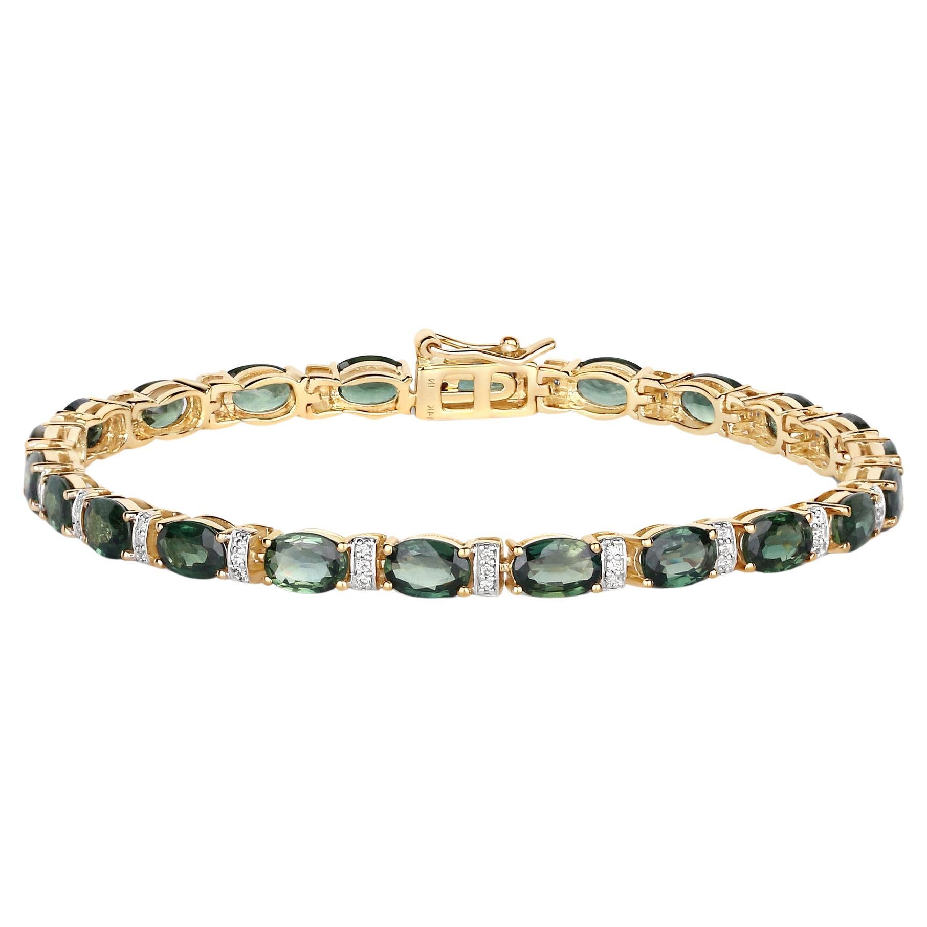 Natural Green Sapphire and Diamond Tennis Bracelet 13 Carats 14k Yellow Gold