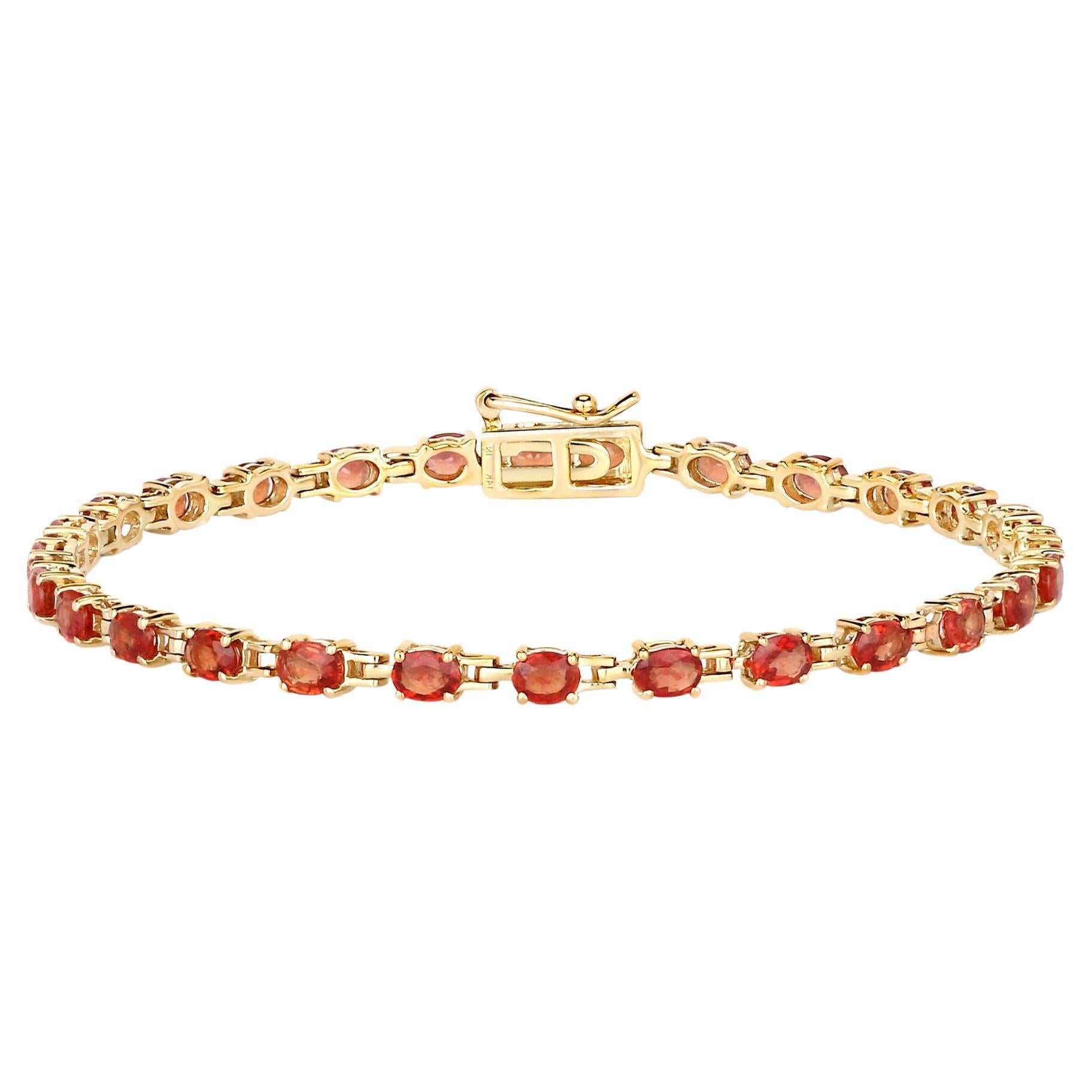 Stunning Natural Red Orange Sapphire Tennis Bracelet 7 Carats 14k Yellow Gold For Sale