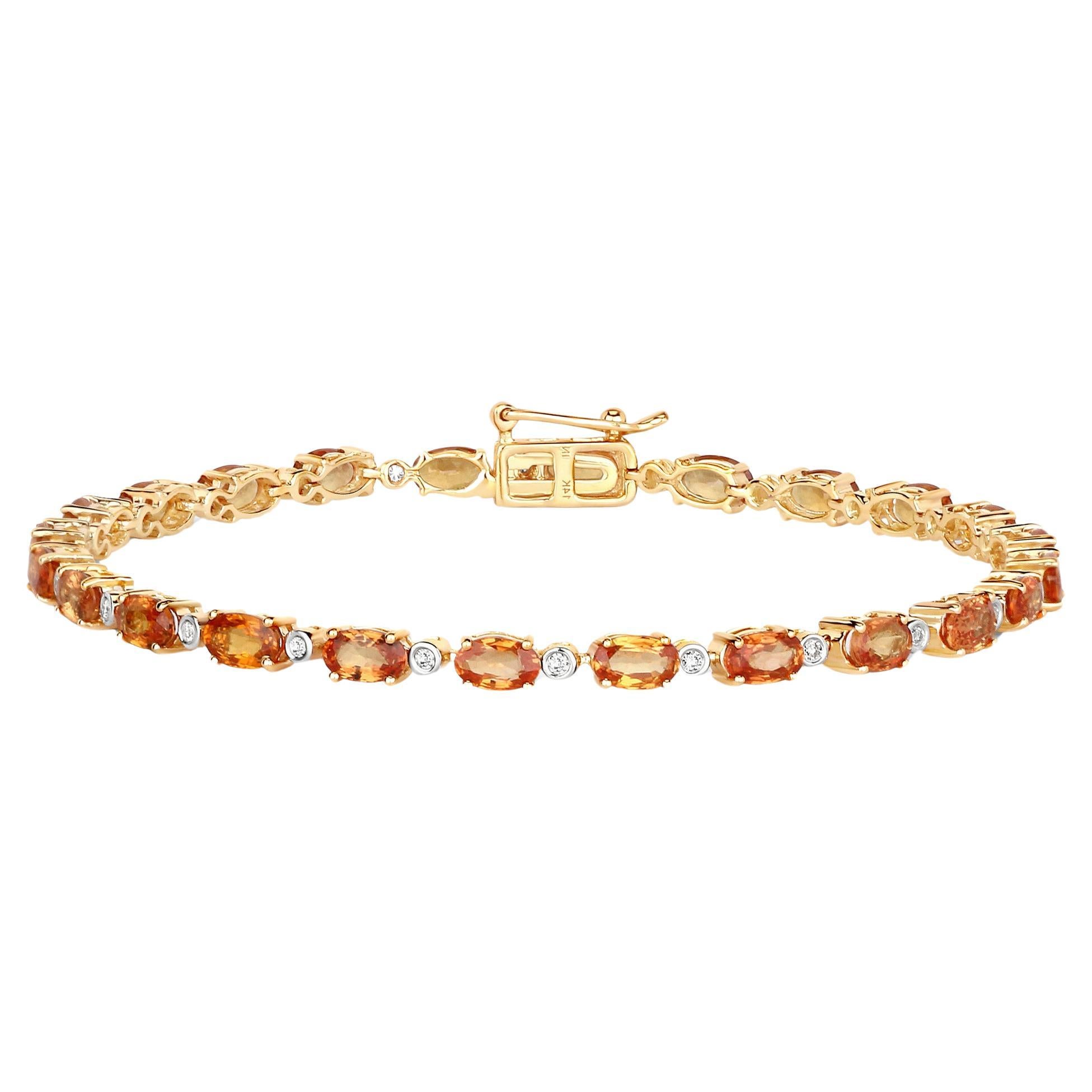 Natural Vivid Orange Sapphire and Diamond Tennis Bracelet 7.40 Carats 14k Yellow For Sale