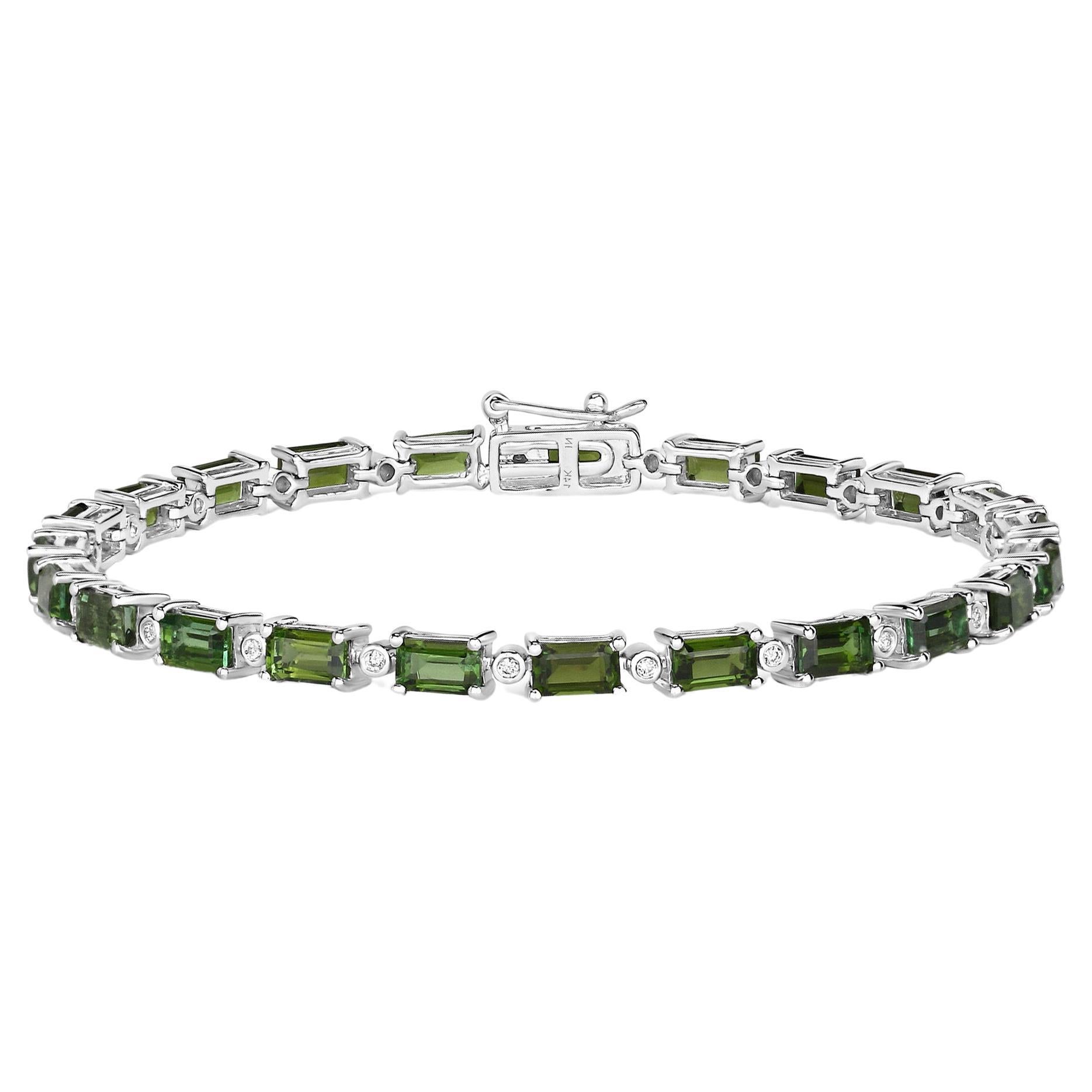 Natural Green Tourmaline and Diamond Tennis Bracelet 7.50 Carats 14k White Gold For Sale
