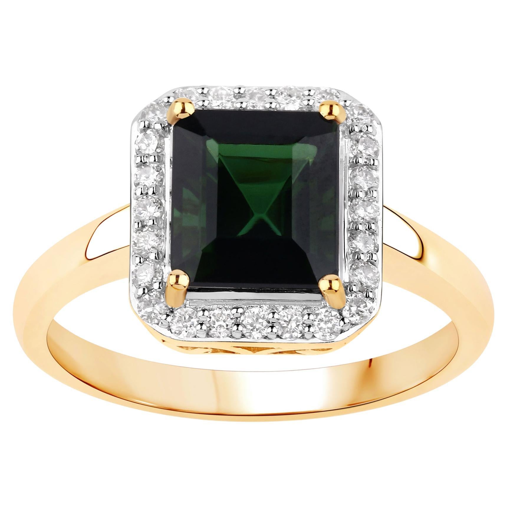 Green Tourmaline Ring With Diamonds 3.02 Carats 14K Yellow Gold