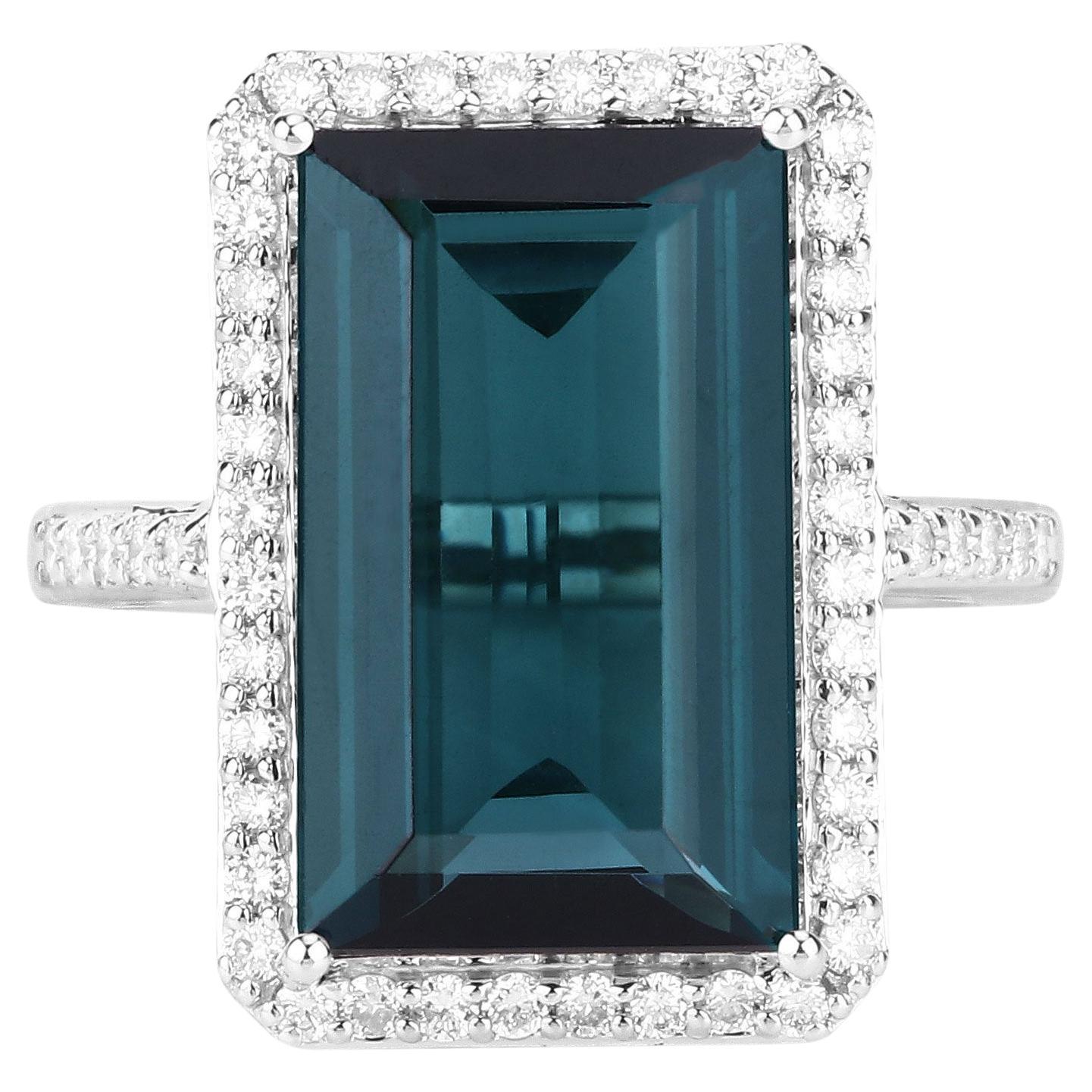 Blue Tourmaline Ring With Diamonds 7.98 Carats 14K White Gold For Sale