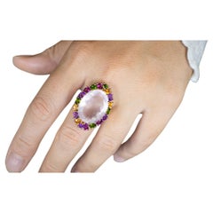Natural Rose Quartz Cocktail Ring Multicolored Gemstones 14K Rose Gold Plated