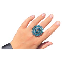 Important Rare Natural Ocean Blue Zircon Ring Diamond Halo 30 Carats 14K Gold