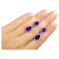 Natural Amethyst Dangle Earrings With Diamonds 8.45 Carats Total
