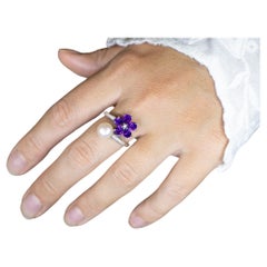 Amethyst and Pearl Bypass Flower Ring With White Zircons
