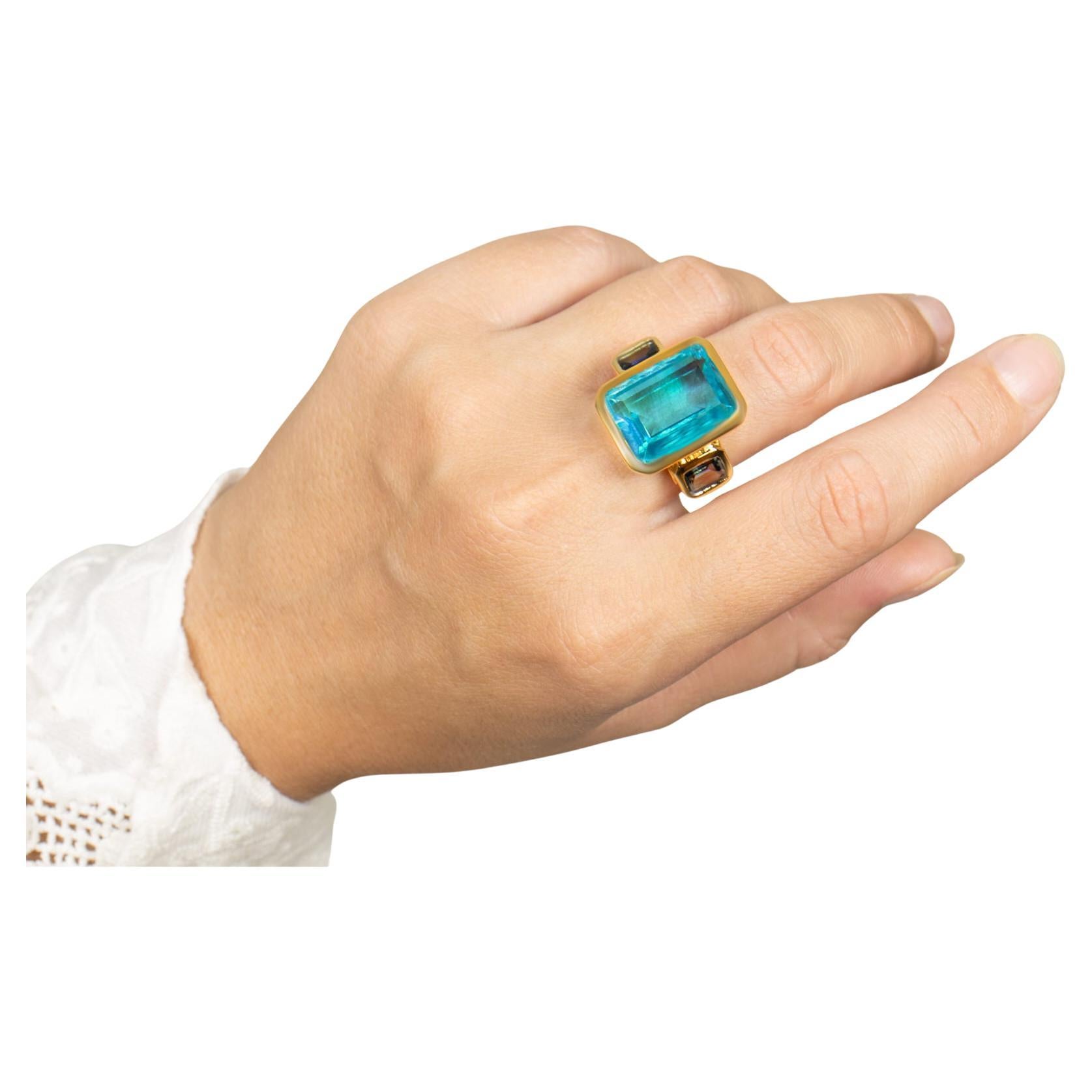 Paraiba Quartz Ring London Blue Topaz 17 Carats 18K Yellow Gold Plated Silver