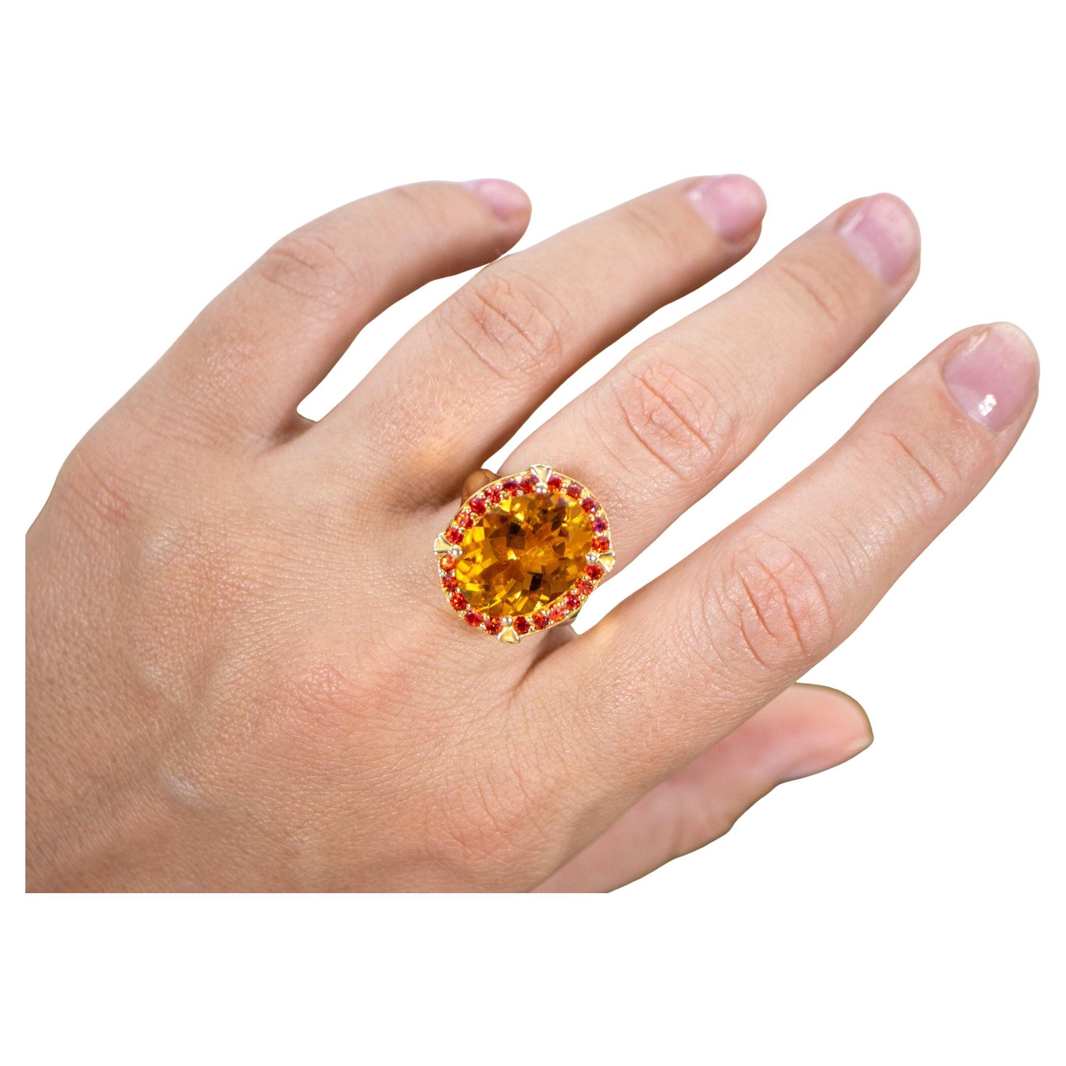 Citrine Cocktail Ring Deep Orange Sapphires 9.4 Carats 14K Gold Plated Silver