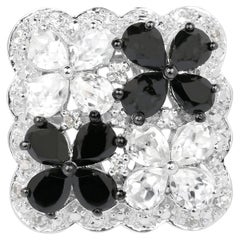Flower Ring Black Spinels White Topazes 2.86 Carats Sterling Silver