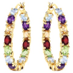 Multicolor Gemstones Hoop Earrings 5.4 Carats 14K Yellow Gold Plated Silver