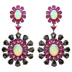 Ethiopian Opal Dangle Earrings Rhodolite and Black Spinel 29 Carats