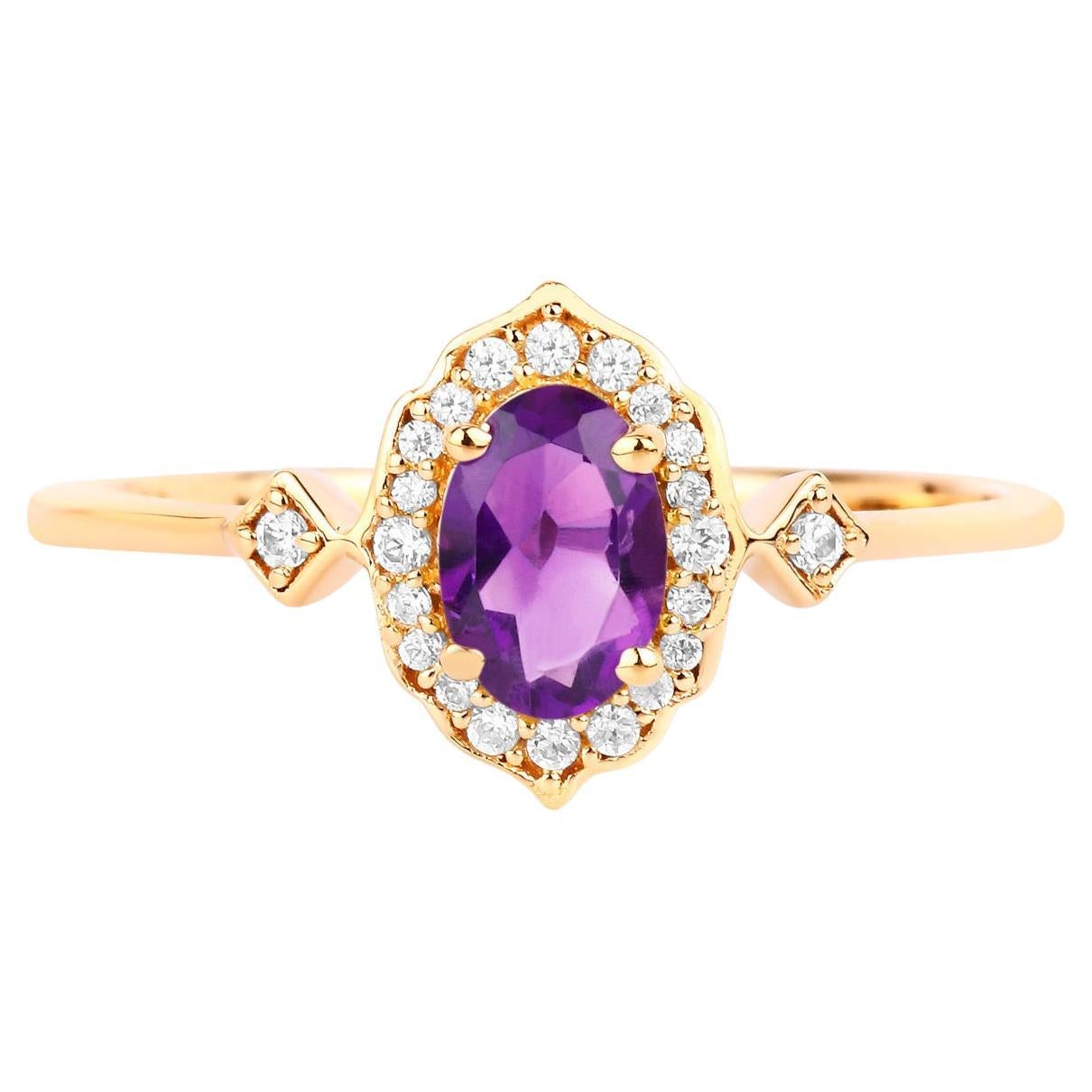 Anello aureola vintage con ametista e diamanti bianchi in oro giallo 10K