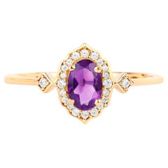 Anello aureola vintage con ametista e diamanti bianchi in oro giallo 10K