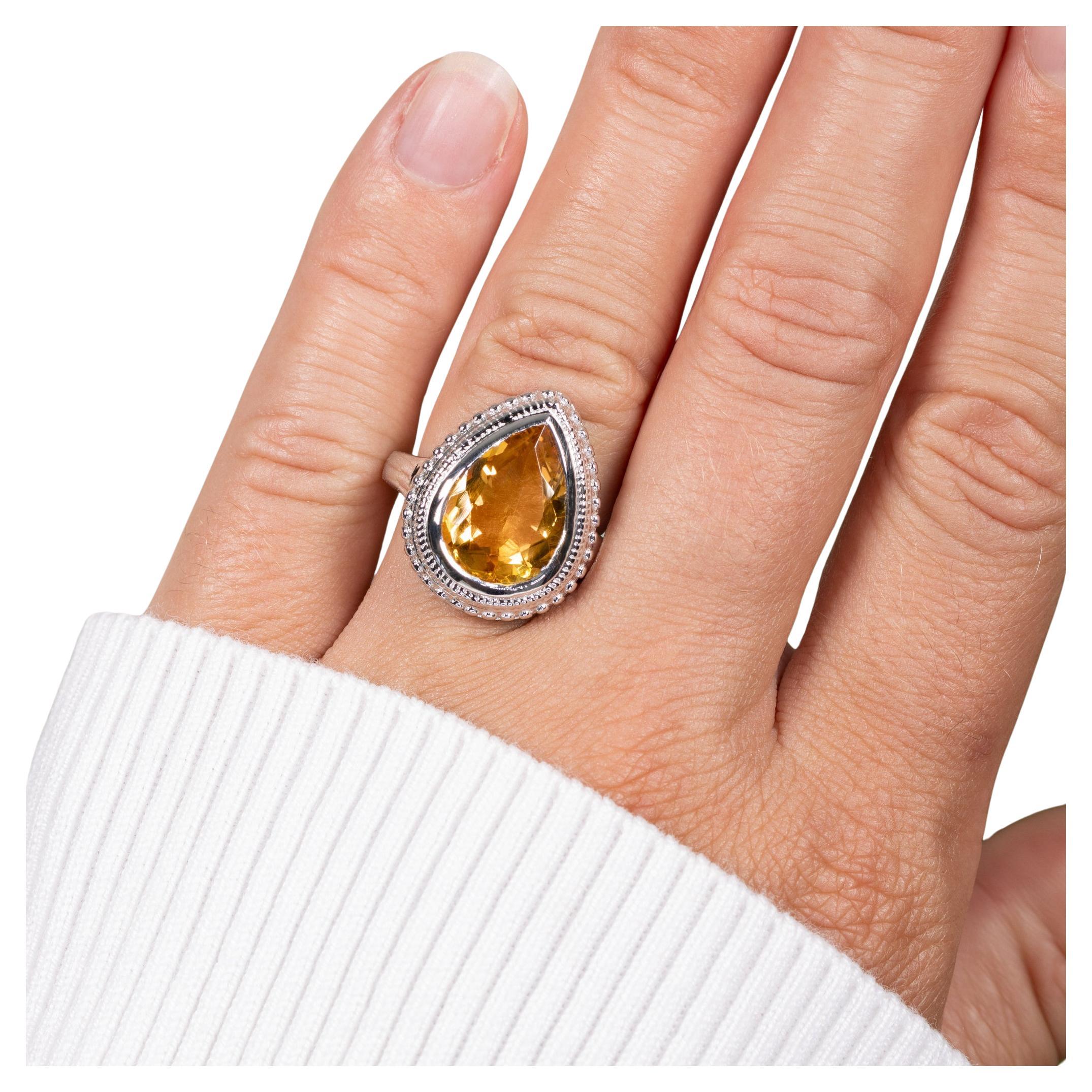 Citrine Ring Pear Cut 4.38 Carats Sterling Silver For Sale