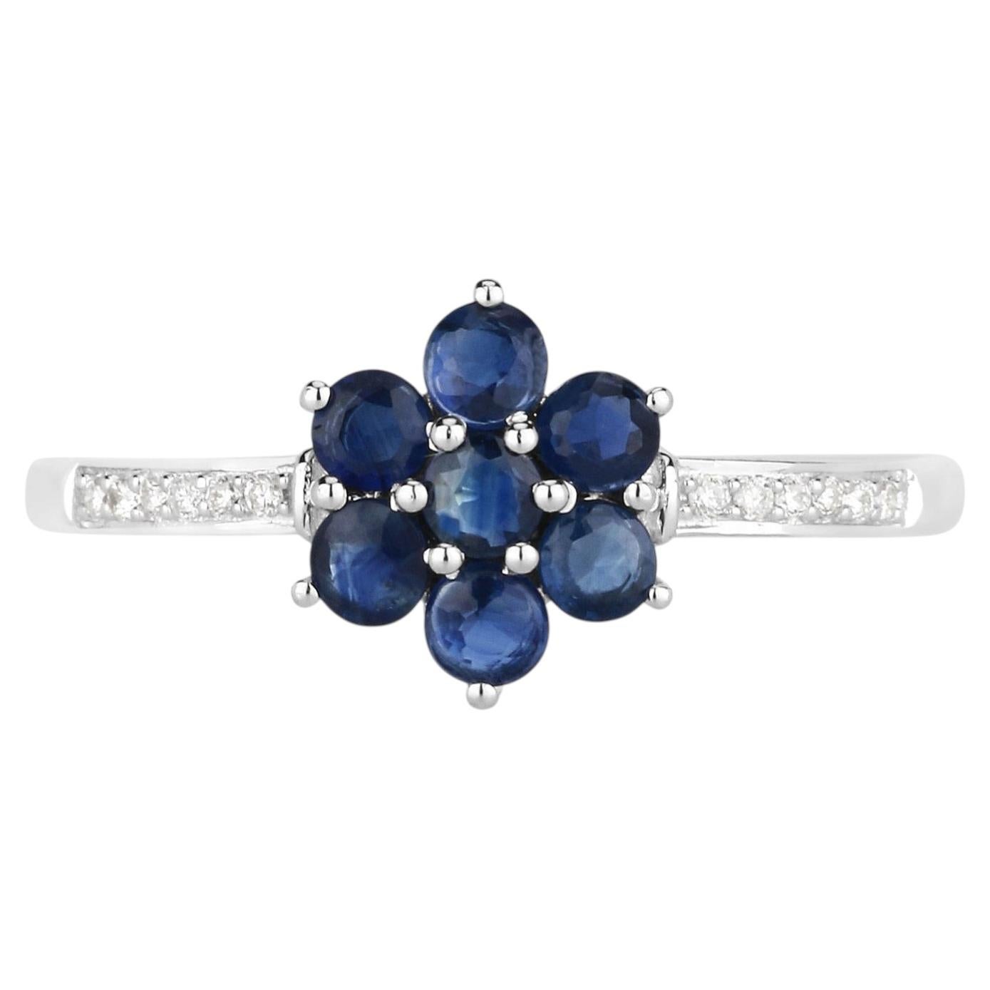 Blue Sapphire Ring With Diamonds 0.56 Carats 14K White Gold