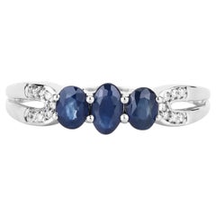 Blue Sapphire Ring With Diamonds 0.68 Carats 14K White Gold