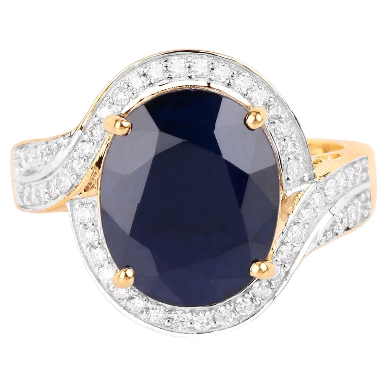 Blue Sapphire Ring With Diamonds 6.5 Carats 14K Yellow Gold For Sale