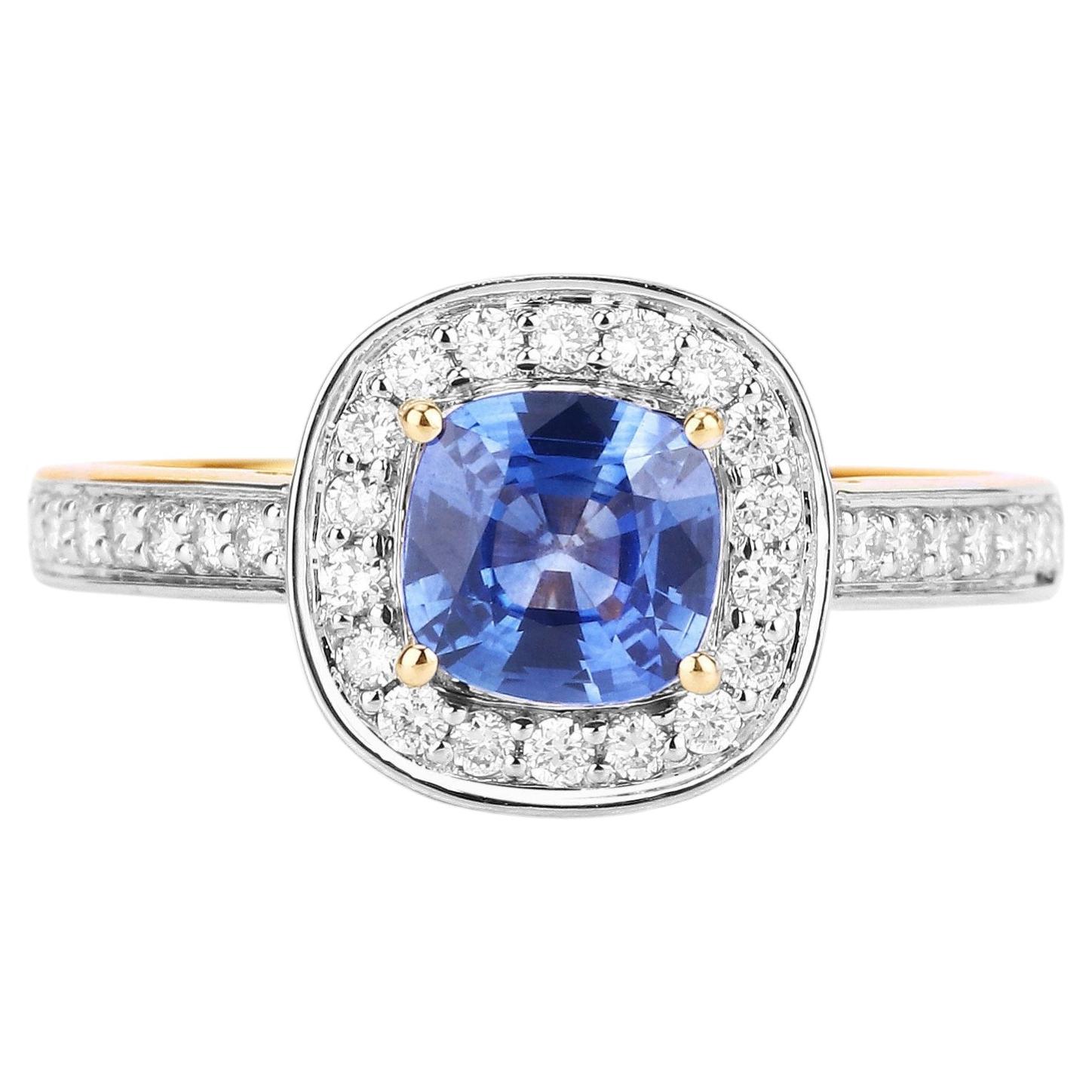 Bague en saphir bleu sertie de diamants, 1,28 carats, or jaune 18 carats