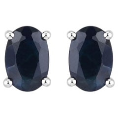 Blue Sapphire Stud Earrings 0.94 Carats 10K White Gold