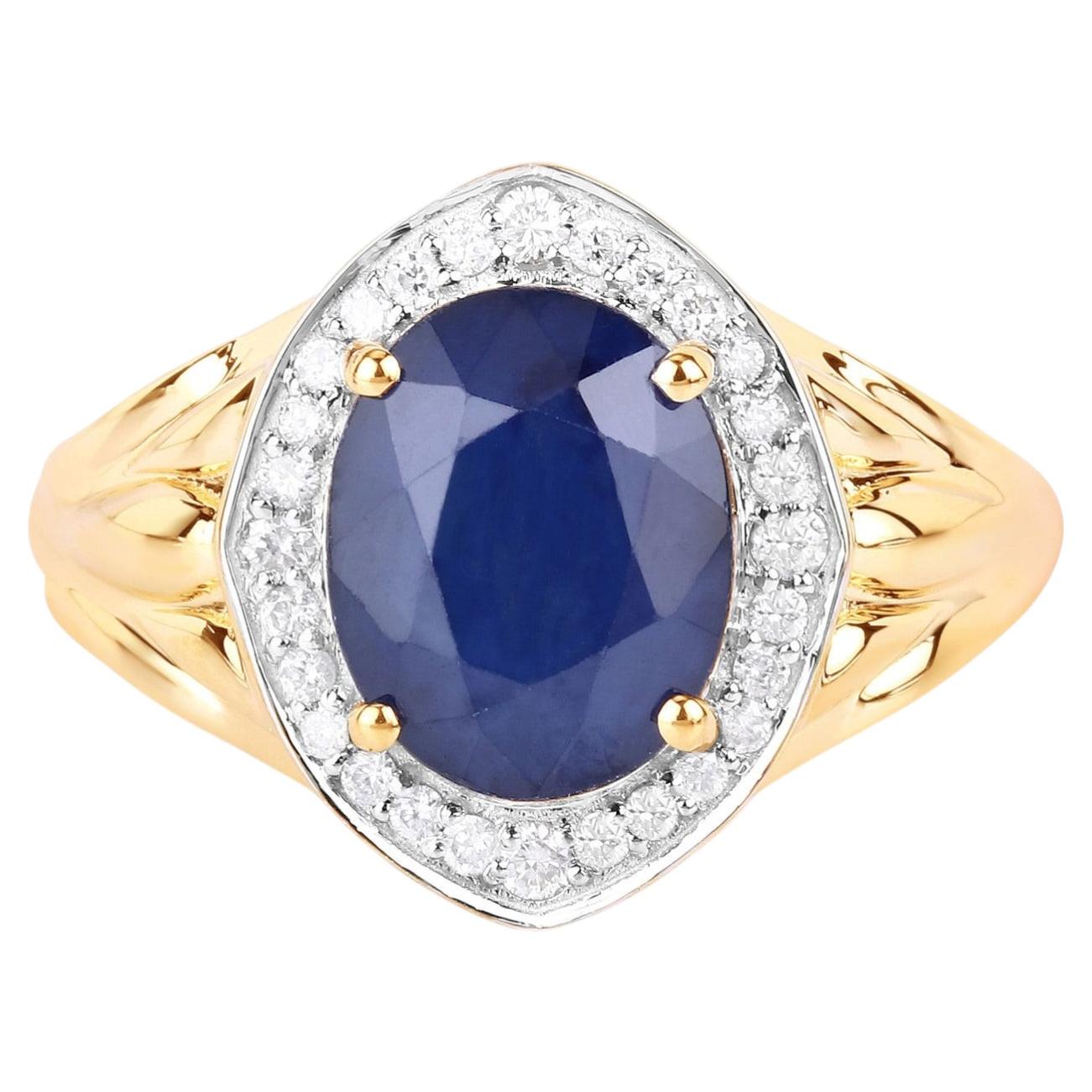 Blue Sapphire Ring With Diamonds 3.26 Carats 14K Yellow Gold For Sale