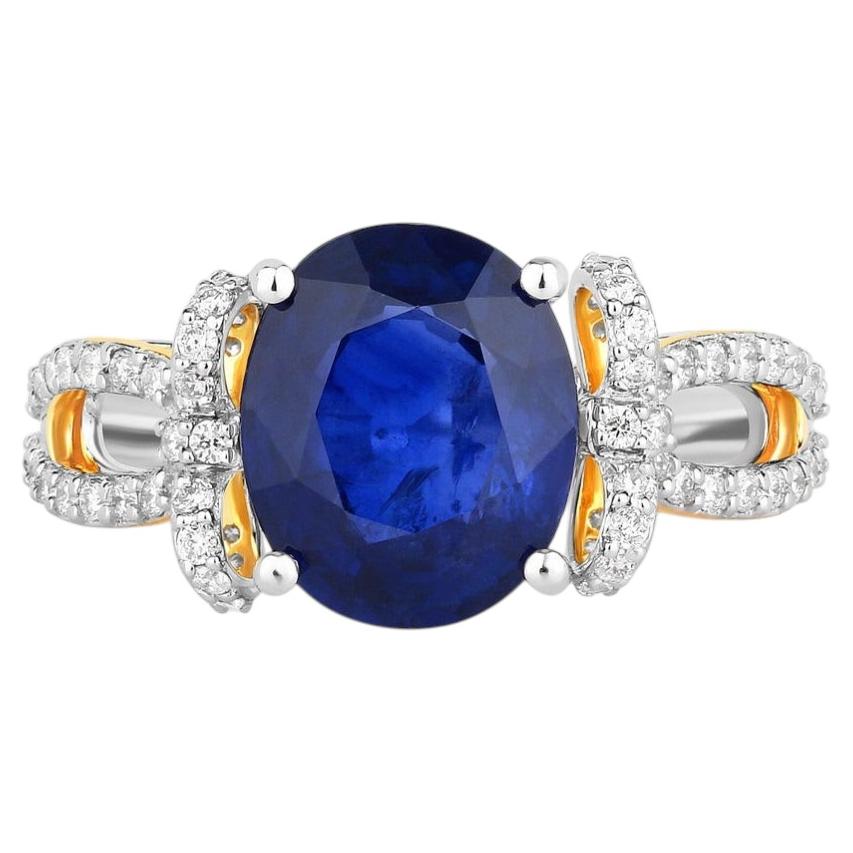 Blue Sapphire Ring With Diamonds 4.16 Carats 18K White and Yellow Gold