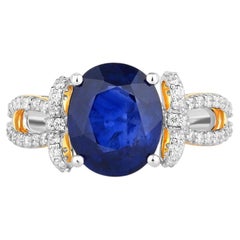 Bague en saphir bleu sertie de diamants, 4,16 carats, en or blanc et jaune 18 carats