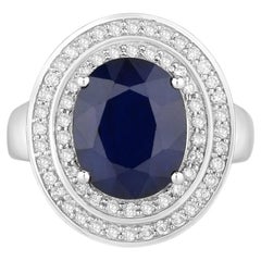 Anillo de zafiro azul con diamantes, 4,78 quilates, oro blanco de 14K