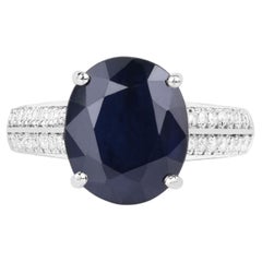 Blue Sapphire Ring With Diamonds 6.46 Carats 14K White Gold