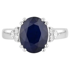 Blue Sapphire Ring With Diamonds 4.46 Carats 14K White Gold