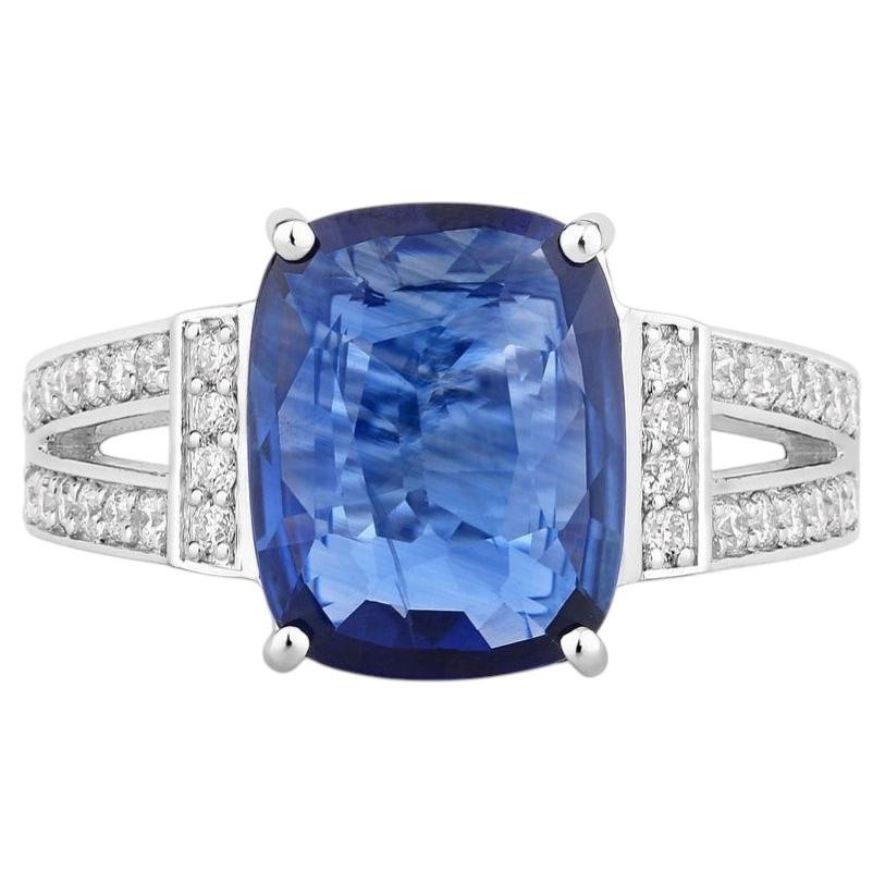 Blue Sapphire Ring With Diamonds 3.4 Carats 18K White Gold