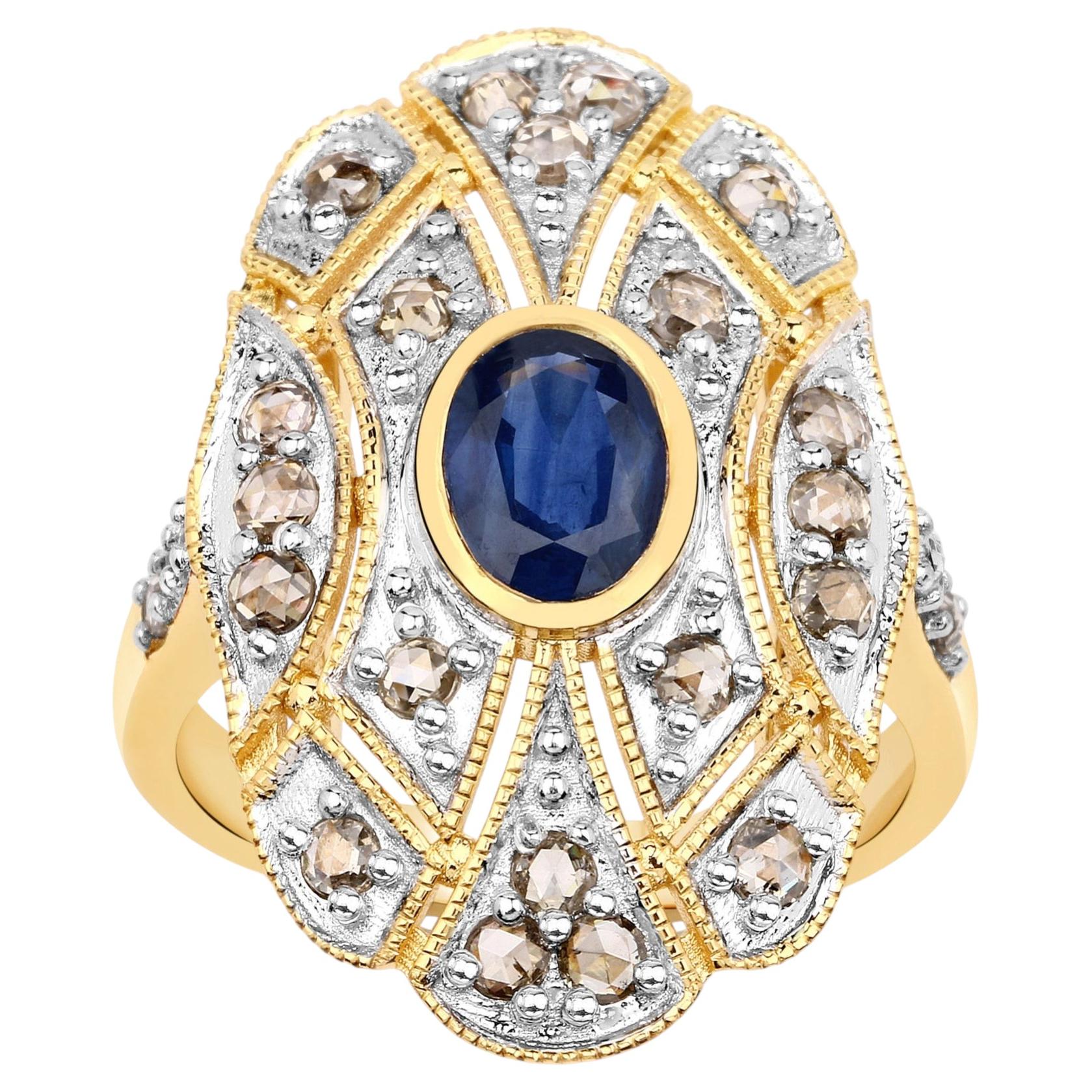 Blue Sapphire Ring With Diamonds 1.8 Carats Gold Plated Silver