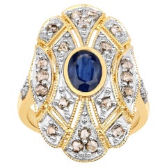 Ring mit blauem Saphir und Diamanten, 1.8 Karat, vergoldetes Silber
