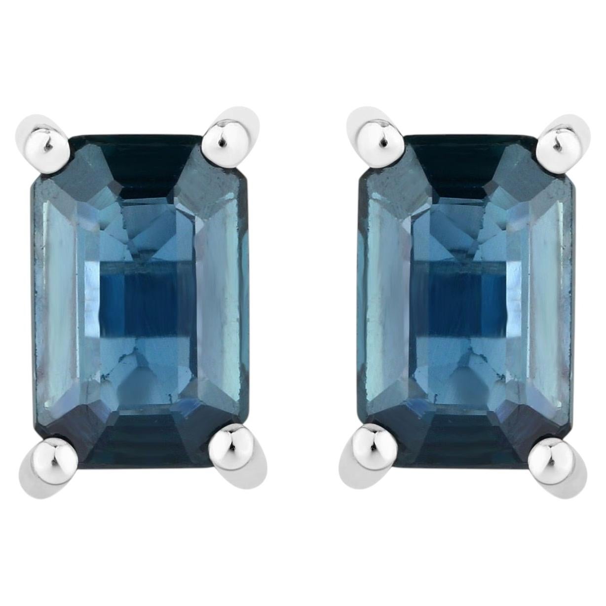 Blue Sapphire Stud Earrings 0.78 Carats 14K White Gold