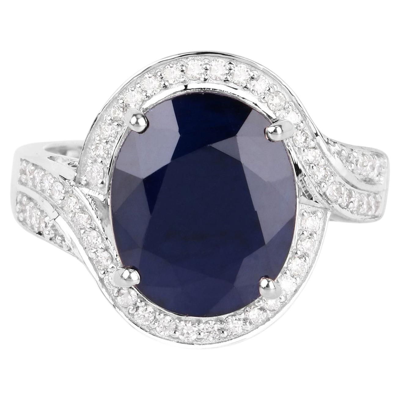 Blue Sapphire Ring With Diamonds 6.5 Carats 14K White Gold