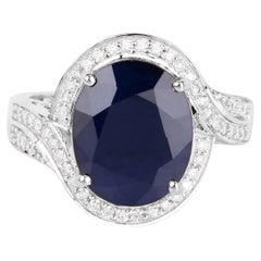 Blue Sapphire Ring With Diamonds 6.5 Carats 14K White Gold