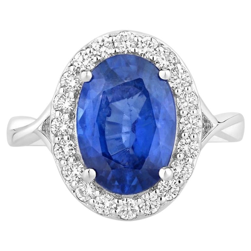 Anello con zaffiro blu e diamanti, 4,26 carati, oro bianco 18 carati