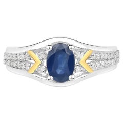 Blue Sapphire Ring With Diamonds 1.04 Carats 14K Yellow Gold and Sterling Silver