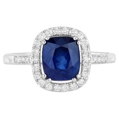 Blue Sapphire Ring With Diamonds 3 Carats 18K White Gold