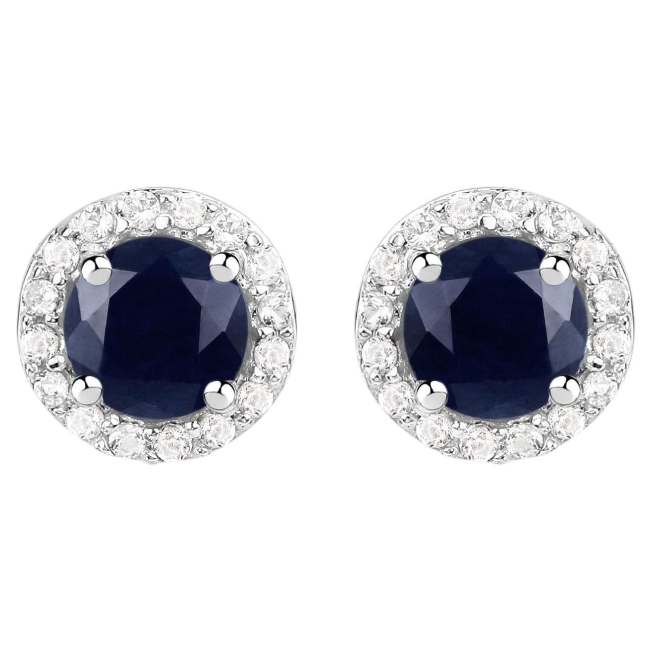 Blue Sapphire Stud Earrings With White Topaz 1.42 Carats Sterling Silver