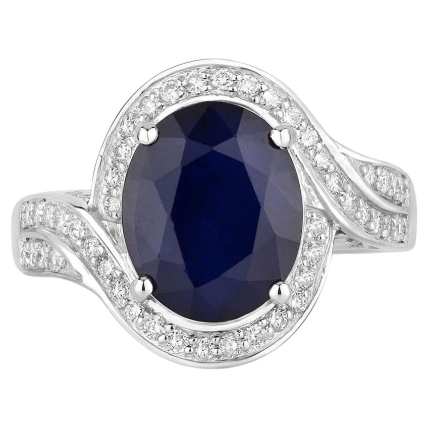 Blue Sapphire Ring With Diamonds 4.66 Carats 14K White Gold