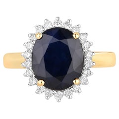 Blue Sapphire Ring With Diamonds 4.6 Carats 14K Yellow Gold